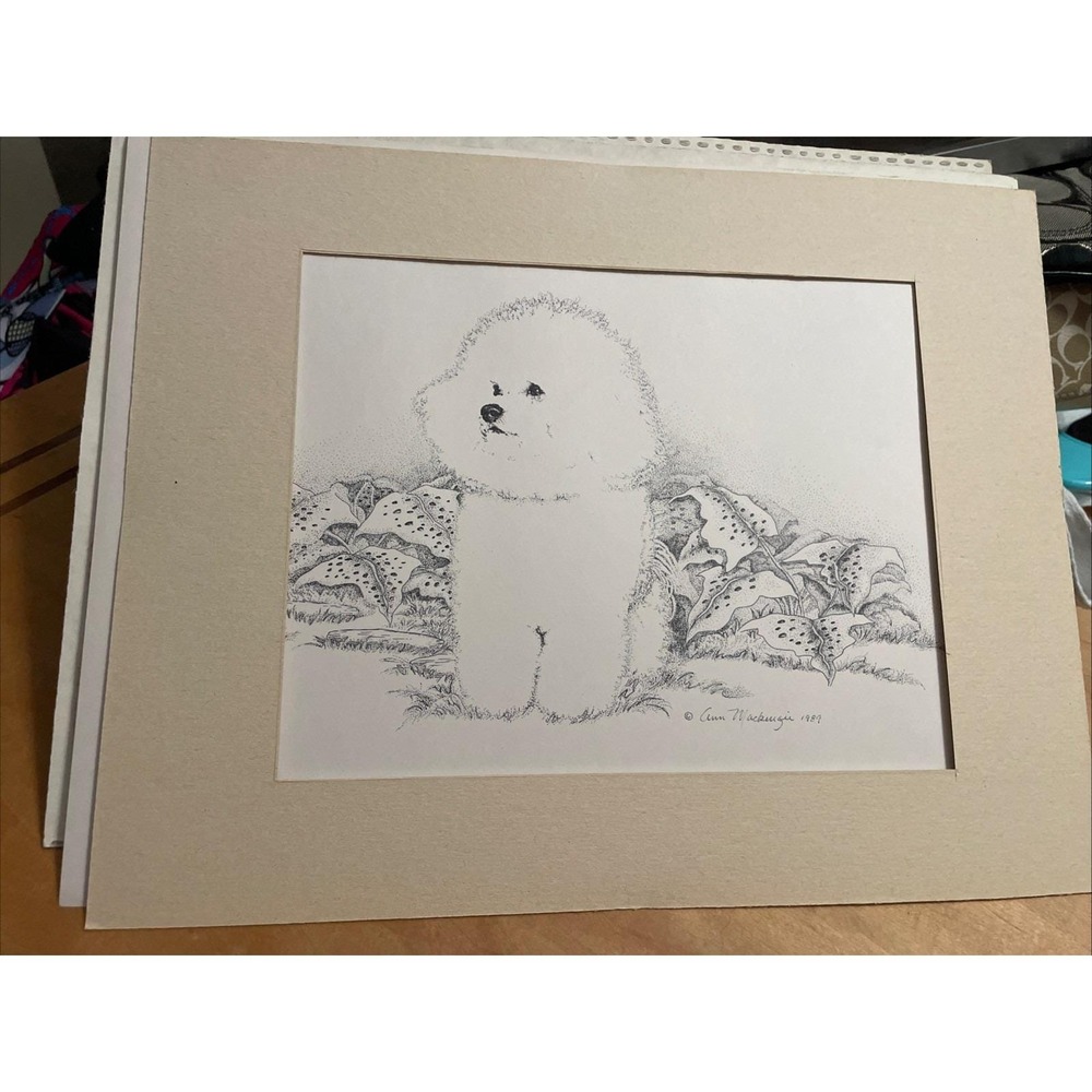 VTG 1989 Bichon Frise Dog Print Signed 11x14 Black White With mat Adorable Fluff